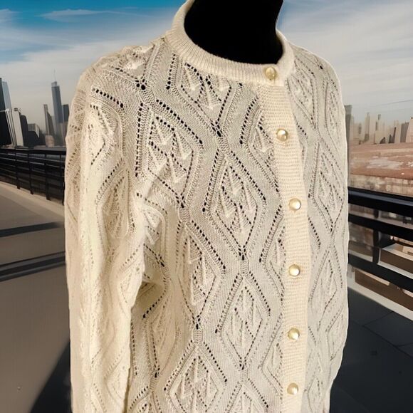 Wintuk Vintage 60s Off White Dupont Acrylic Diamond Knit Cardigan Sz S ? - Picture 2 of 4